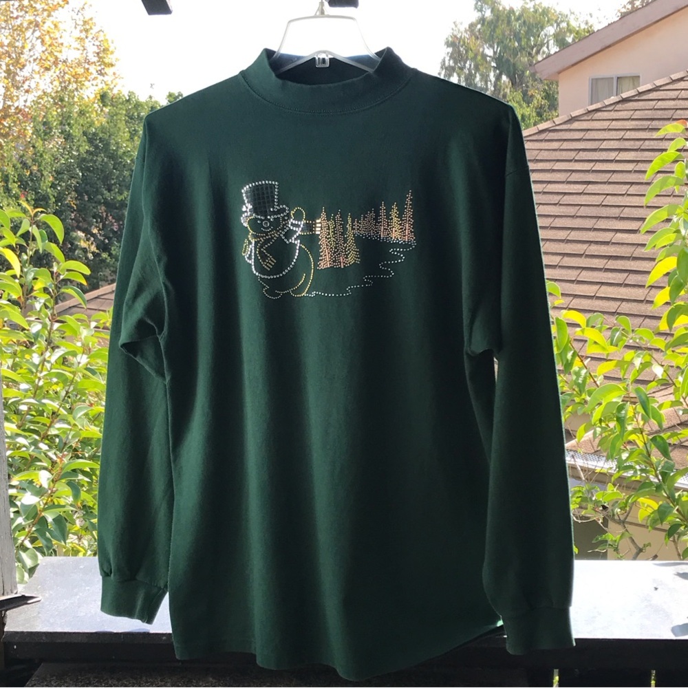 Green Long Sleeve Shirt with Beaded Snowman Design